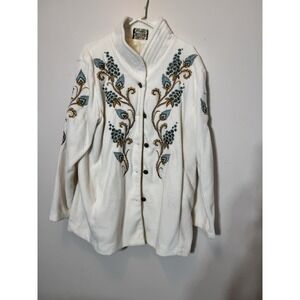 Women's BOB Mackie cream White fleece jacket blue embroidered flower size XL